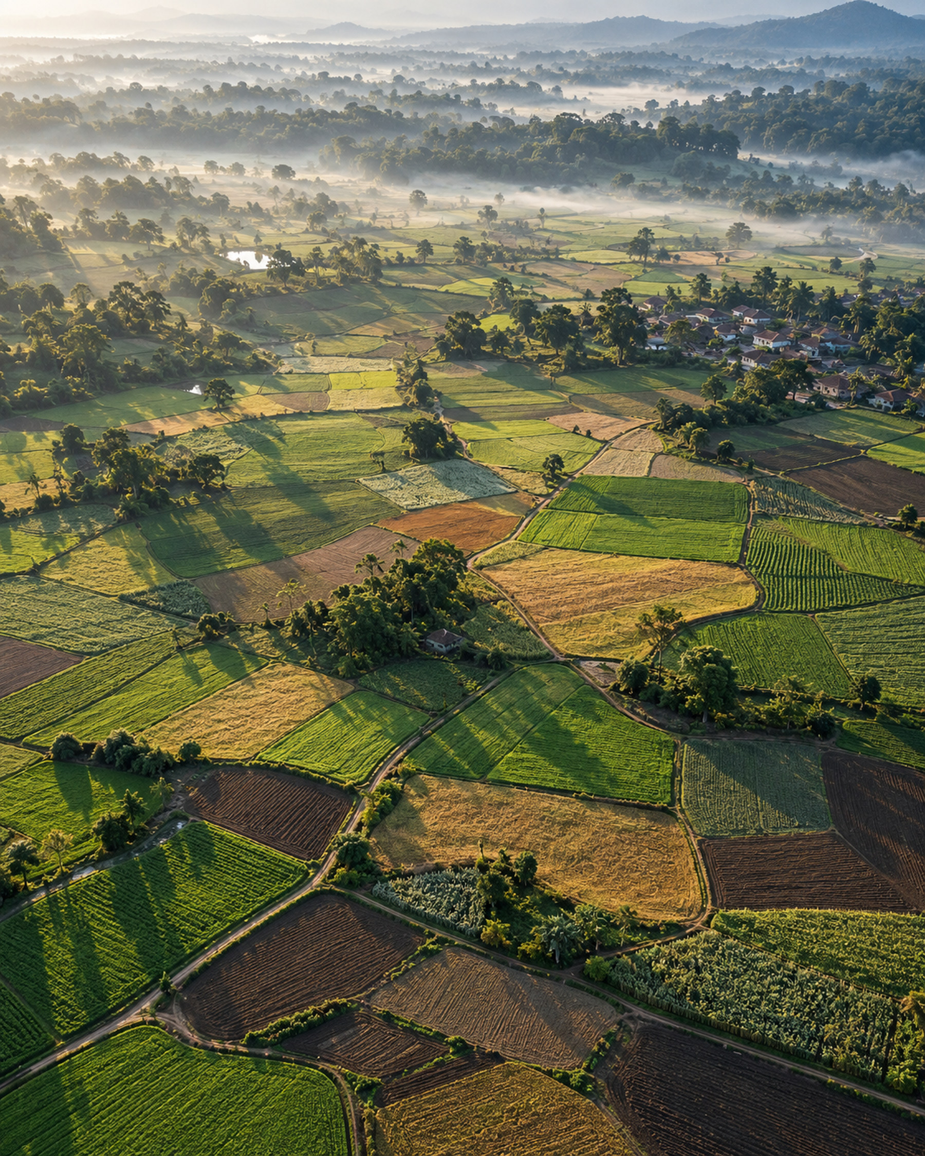 Terraced smallholder fields stepping down a mountainside, with farm houses and cultivated plots across the valley