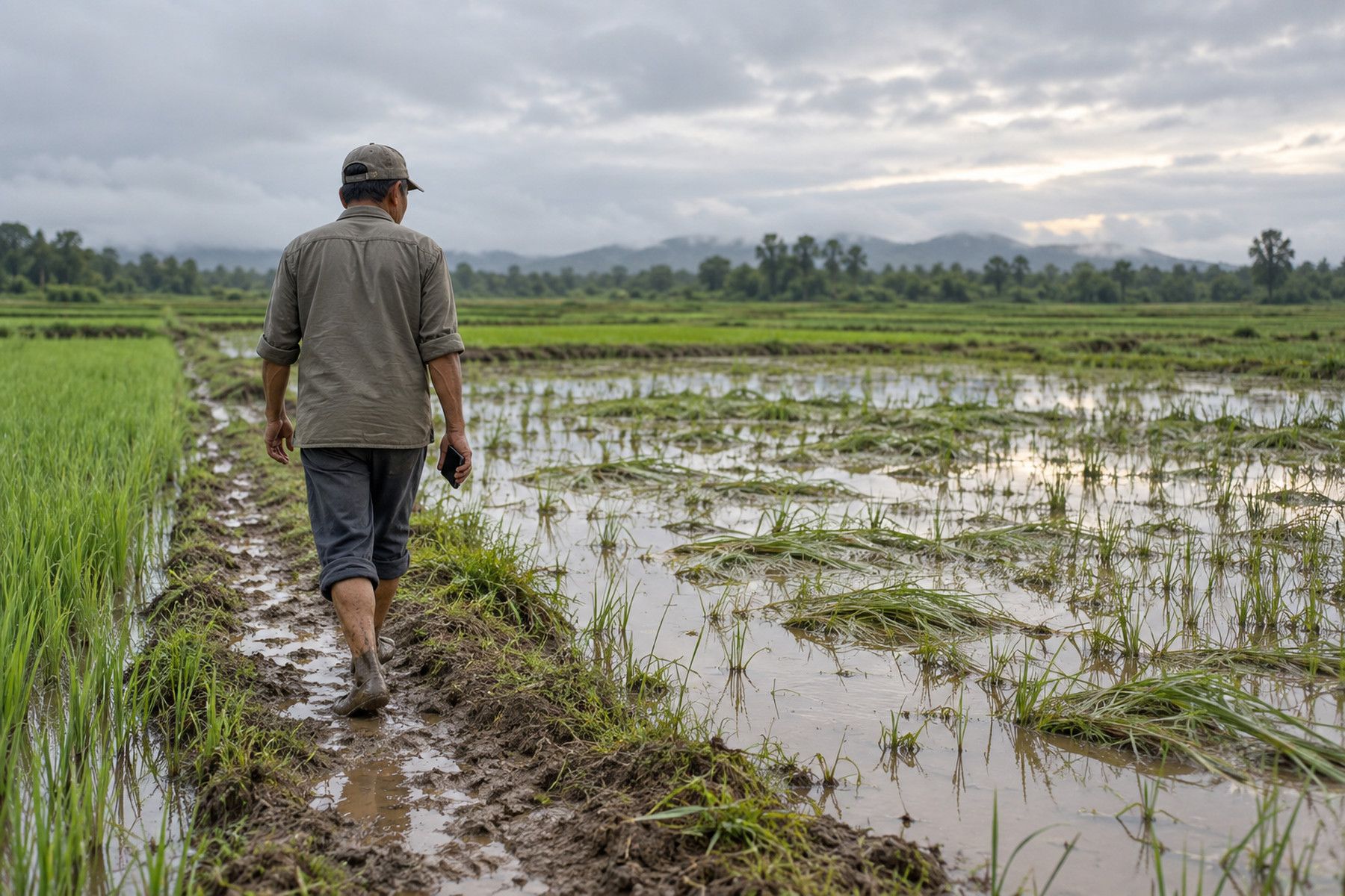 A farmer walking along a muddy bund through a flooded rice field.