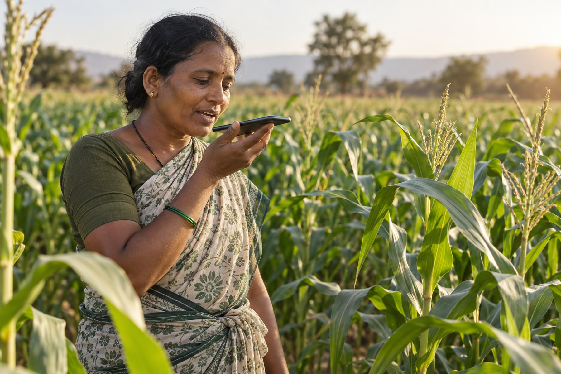 A farmer speaking into her phone in a maize field.